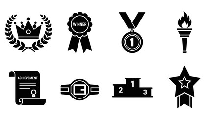 Black silhouette icons of awards and achievement symbols for success and recognition