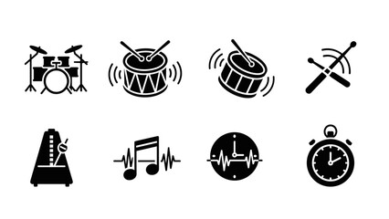 Percussion instrument icons and rhythm symbols set in flat style