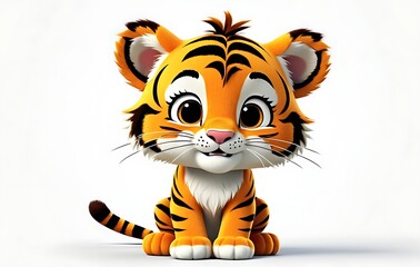 Fototapeta premium Stylized gentle tiger with sweet gaze, big furry eyes, orange black patterns, savanna spirit