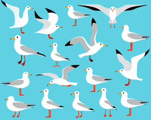 Obraz premium A colorful pattern featuring numerous stylized seagulls in flight and at rest