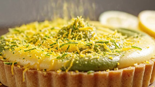 Delicate lemon and green filling tart being garnished with yellow zest and green sprinkles, closeup