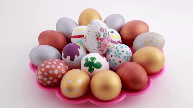Easter, Easter with painted eggs, easter eggs, white background, footage, 4k footage, videos, video clip, slow motion, video wallpaper, animation, 4k