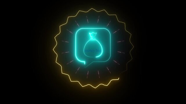 Futuristic neon money bag symbol motion graphic on dark background