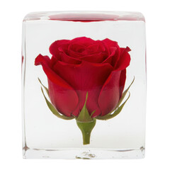 Red Rose Bud Inside Resin Cube displays beautiful flower preserved within clear synthetic material. Elegant floral decoration symbolizes eternal love beauty. Isolated on transparent background, png.