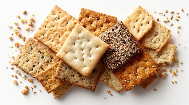 Top-down shot of square and round crackers arranged on a clean white surface