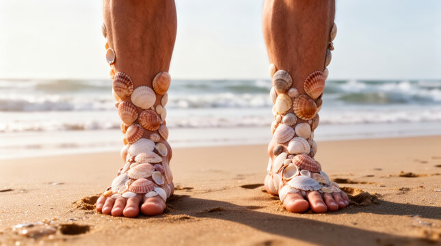 Seashell-Covered Lower Legs on a Tranquil Beach Close-Up of Barefoot Serenity, Nature's Ornamentation, Summer Freedom, and Coastal Mindfulness