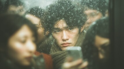 Man in Subway Train Gazing at Phone Surrounded by Crowded Passengers