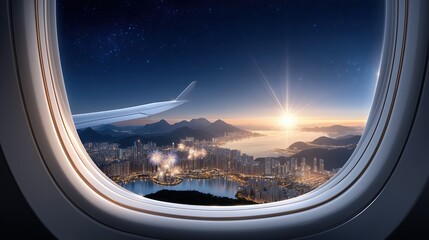 Flying over a vibrant city with fireworks, sunset, and a starry sky from an airplane window