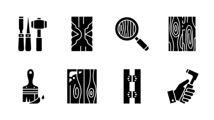 Woodworking tools and materials icons set in black and white silhouette design