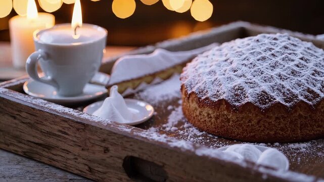 Cozy winter holiday scene, wooden tray with cake dusted with powdered sugar, white cup, candles, warm golden bokeh lights, festive Christmas atmosphere, soft glowing background