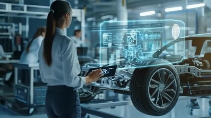 A woman examines a digital interface over a car's chassis - Powered by Adobe