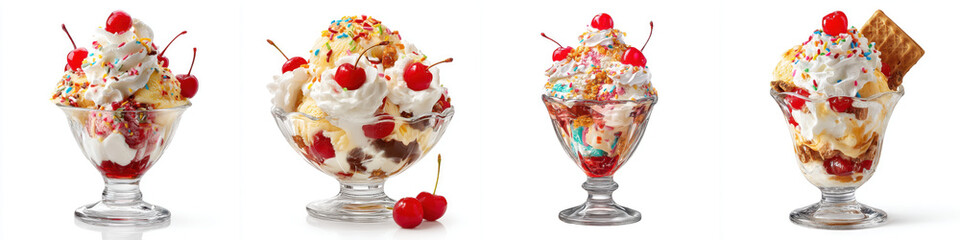Four colorful ice cream sundaes topped with whipped cream, cherries, and sprinkles are displayed in glass bowls, creating delightful and appetizing presentation