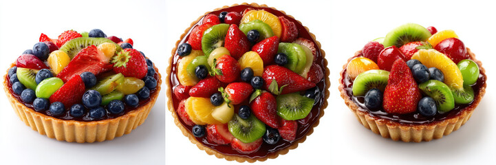 Colorful fruit tart with glossy glaze features strawberries, kiwi, blueberries, and grapes arranged beautifully pastry crust. vibrant colors and fresh fruits create appetizing and cheerful