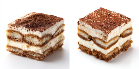Two pieces of tiramisu are shown, each with layers of coffee soaked ladyfingers and creamy mascarpone, topped with cocoa powder. dessert looks rich and inviting, perfect for sweet treat