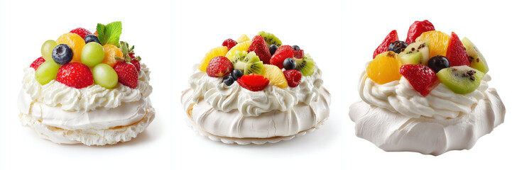 Three pavlovas topped with whipped cream and assorted fresh fruits like strawberries, kiwi, blueberries, and grapes create colorful and appetizing display