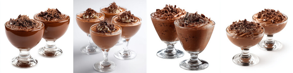 Luxurious chocolate mousse served in elegant glass cups, topped with chocolate shavings, creating rich and indulgent dessert experience