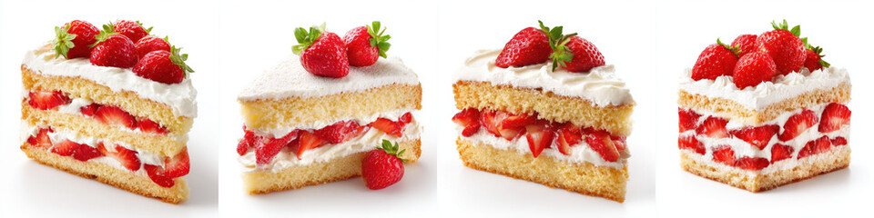 Four slices of fluffy sponge cake are layered with fresh strawberries and whipped cream, creating delicious and visually appealing dessert. Each slice showcases vibrant red of strawberries against