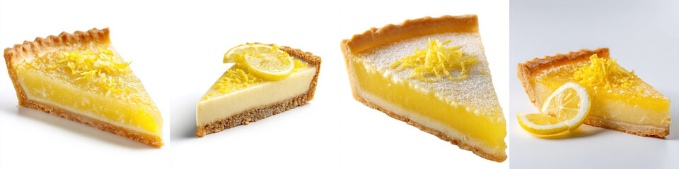 Slice of lemon tart with buttery crust is garnished with lemon zest, showcasing vibrant yellow filling. tart appears fresh and delicious, perfect for dessert lovers