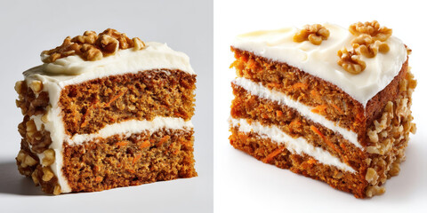 Slice of moist carrot cake topped with cream cheese frosting and walnuts, showcasing layers of rich texture and flavor