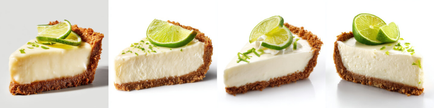 Four slices of creamy key lime pie with graham cracker crust are topped with fresh lime slices, showcasing delicious and refreshing dessert