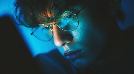 Close-Up of Young Person with Glasses and Blue Lighting Effects