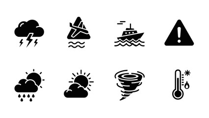 Weather and warning icons set: storm, tornado, flood, thermometer