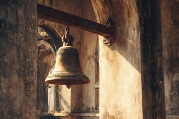 Obraz premium Vintage brass church bell in a weathered belfry of a tropical Southeast Asian Christian church