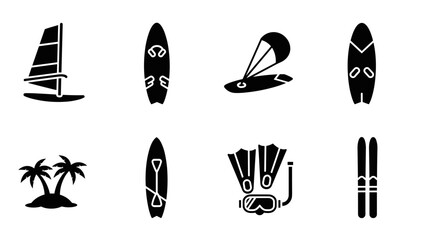 Beach and water sports icons set featuring surfing, snorkeling, and more