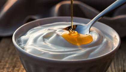 Delicious and healthy breakfast of creamy Greek yogurt in bowl. spoon scoops swirl of sweet golden honey, creating an appetizing and natural fresh food experience
