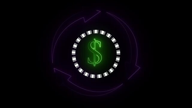 Neon Glowing Arrow, Dollar, Share and Settings Icons Animation on Black Background
