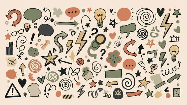 Hand drawn doodle elements collection with arrows stars and speech bubbles.
