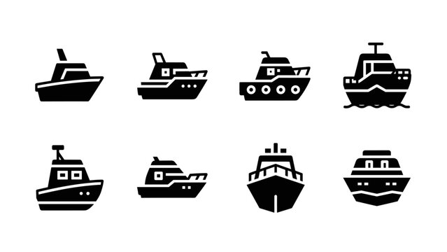 Set of boat icons in black and white minimalist design