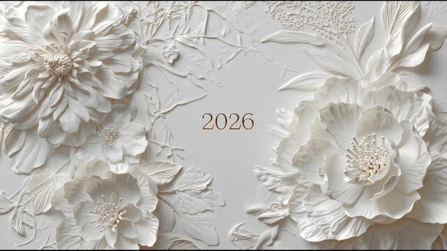 A sophisticated 2026 New Year's greeting featuring a pristine white background adorned with beautifully sculpted 3D flowers and delicate botanical elements, exuding elegance and luxury.