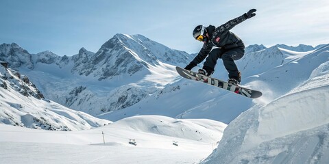 Snowboarder jumping off snowy slope in alpine mountain landscape.
