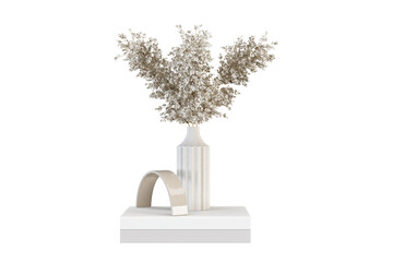 Dried grass in vase with book decor isolated on white