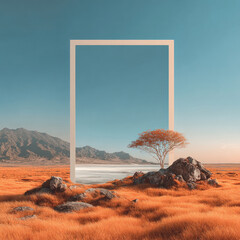 A surreal, minimalist landscape with a geometric frame set amidst an orange field and rocks.  