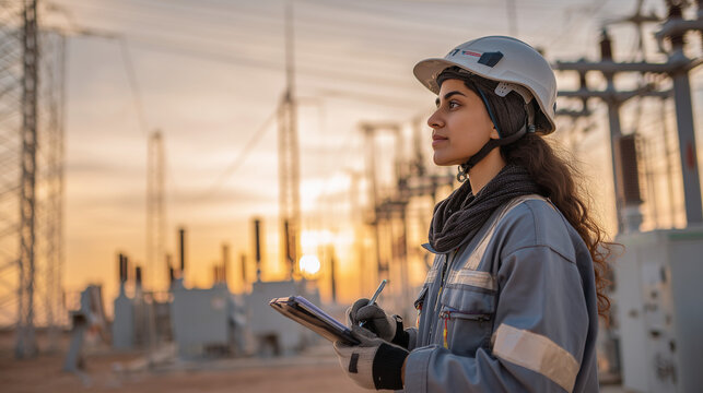 Professionista dell&rsquo;energia controlla parco eolico. Futuro sostenibile e green energy.