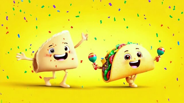Two cheerful taco and nacho characters celebrating with confetti on yellow