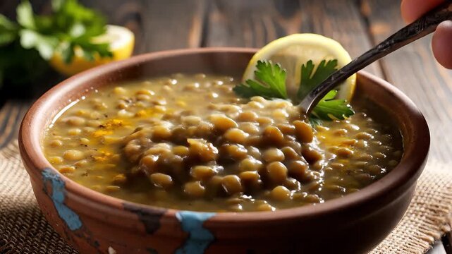A closeup shot captures a hearty and comforting bowl of traditional lentil soup rich with wholesome ingredients being served with a spoon on a rustic wooden table garnished with fresh lemon and parsl.
