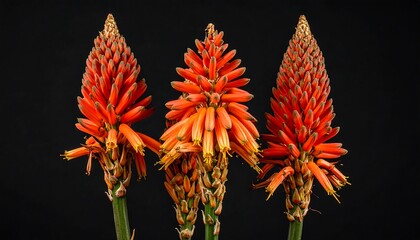 Three vibrant orange aloe flowers against a black background