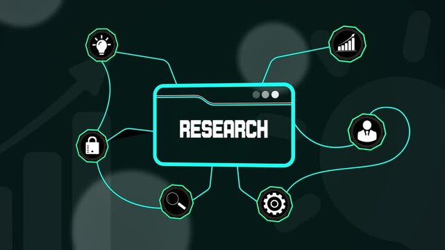 Strategic business research and data discovery concept, showing a digital interface with icons for market analysis and vision