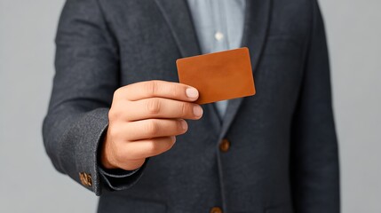 Professional business man holding credit card in modern office setting showcasing corporate finance and secure transaction concepts
