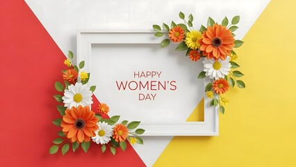 Obraz premium Happy women's day celebration with colorful floral frame on red white and yellow background