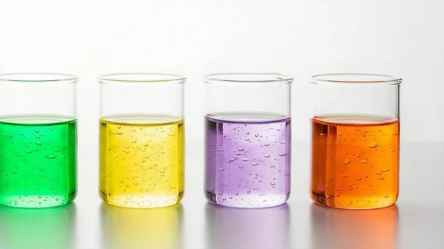 A row of clean, labeled glass beakers filled with luminous, abstract cosmetic base liquids  