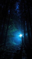 Fototapeta premium Ethereal blue light illuminates a dark, silent forest scene, capturing the peaceful mystery of late night hours under soft celestial radiation ,reflection ,mood ,landscape