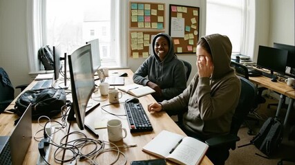 Happy diverse female colleagues collaborating at a desk in a casual startup office. Two women laughing and pointing at a computer screen while coding. Teamwork and friendship concept - Powered by Adobe