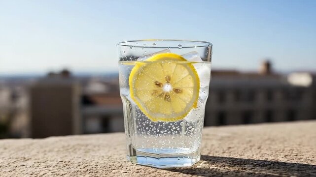 A glass of sparkling water with ice and lemon resting on a stone balcony ledge, , camera hovers above , smoth shot, 