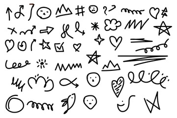 Chalk scribble doodle arrow, line elements set. Crayon arrow, underline, handwritten mark check. Rough hand drawn marker sketch with brush grunge texture.