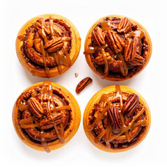 Four delicious pecan sticky buns with sweet caramel glaze from bakery. comforting dessert treat viewed from overhead, isolated on clean white background for fresh look