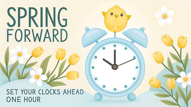 Spring forward daylight saving time reminder illustration with alarm clock and flowers - Powered by Adobe
